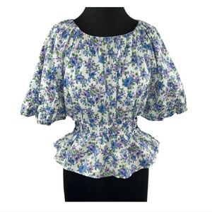 Talulah Misty Blue Floral Peplum Back Cut Out Puff Sleeve Blouse